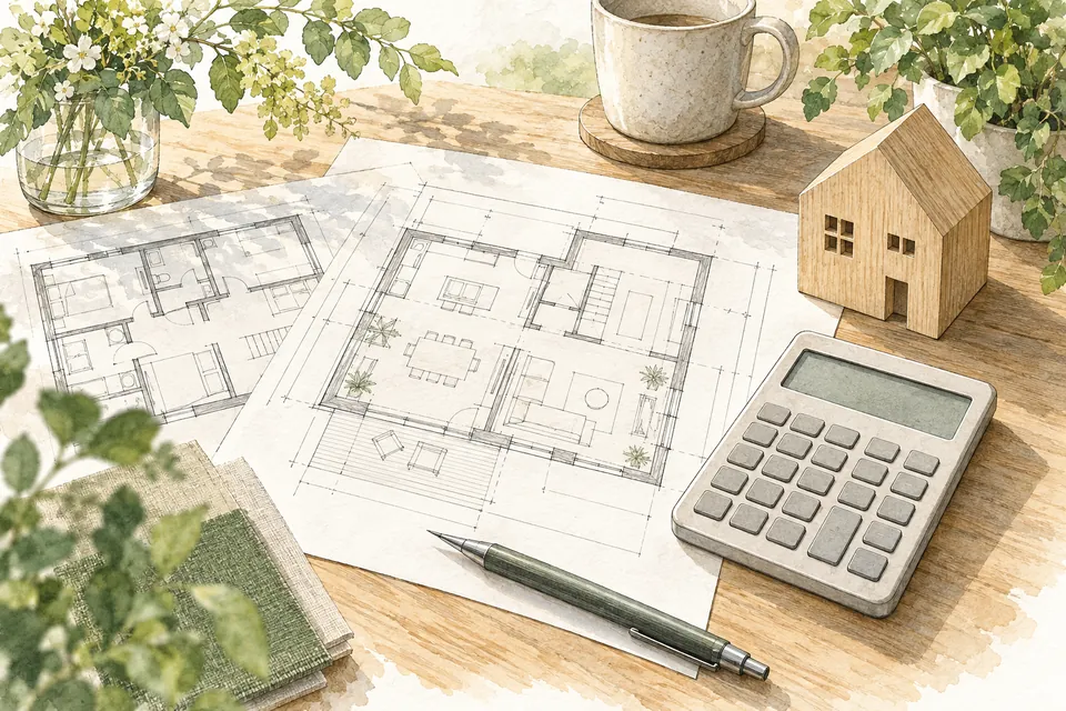 Aquarellillustration von Gebäudeplänen, Taschenrechner und Hausmodell zur Förderplanung